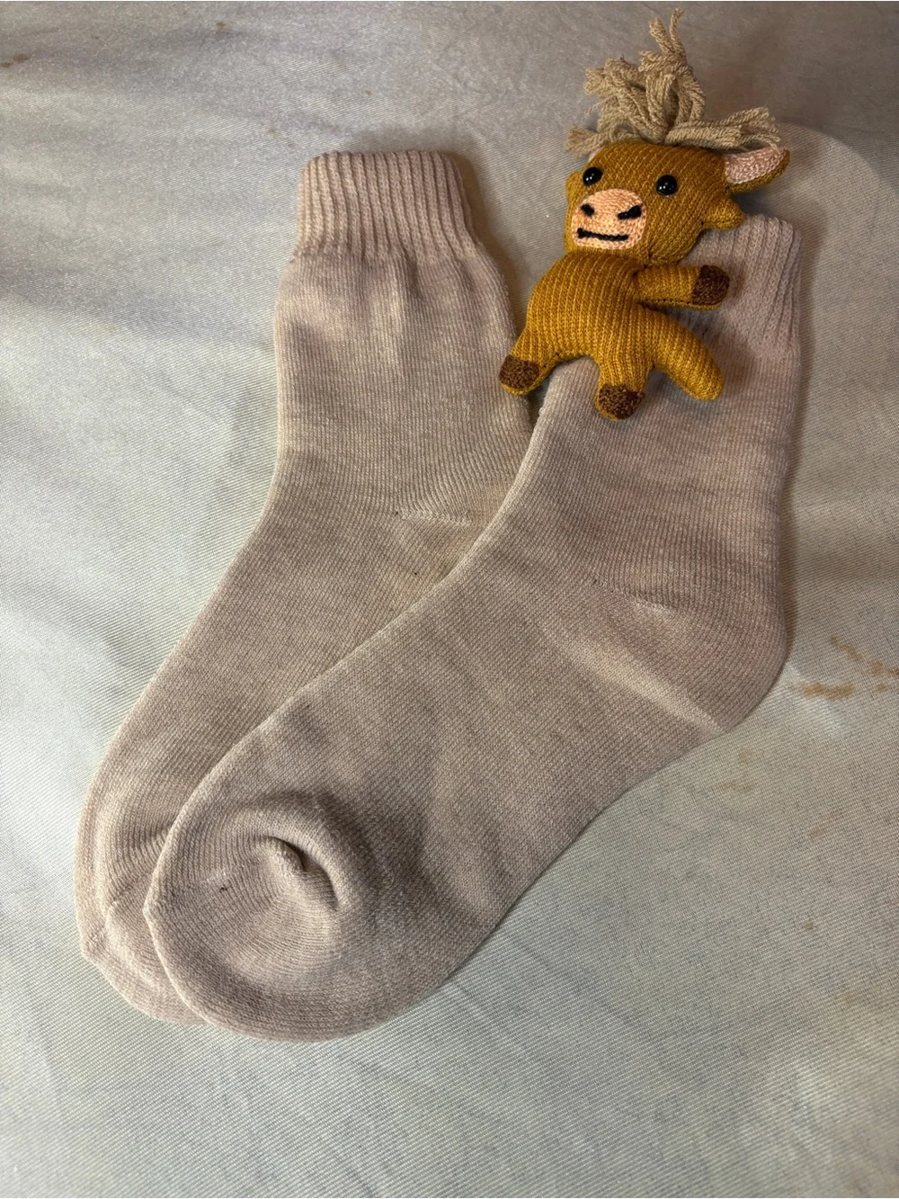 Neutral Beige Crew Socks - One With Highland Cow